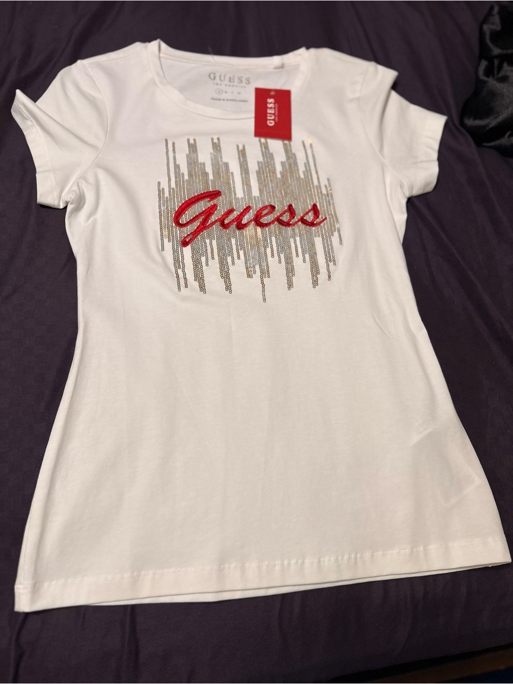 GUESS White Tee with Red Script Logo and Silver Sequin Detail